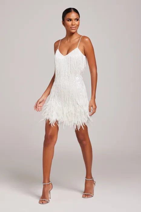 White Fringe Feather Dress