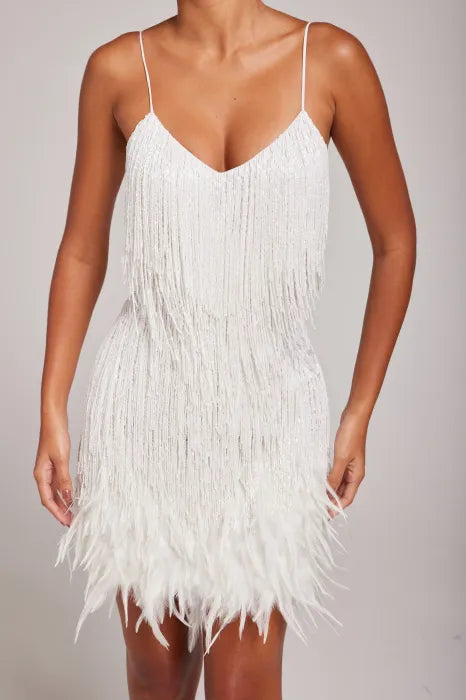 White Fringe Feather Dress