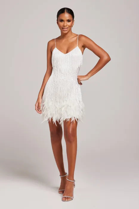 White Fringe Feather Dress